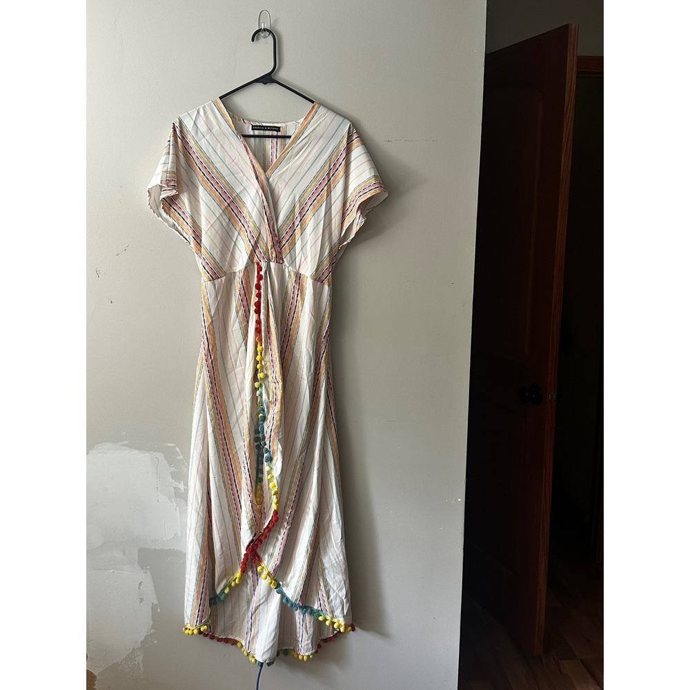 America & Beyond Striped Pom Pom Trim High Low Maxi Dress Multi Color Boho
